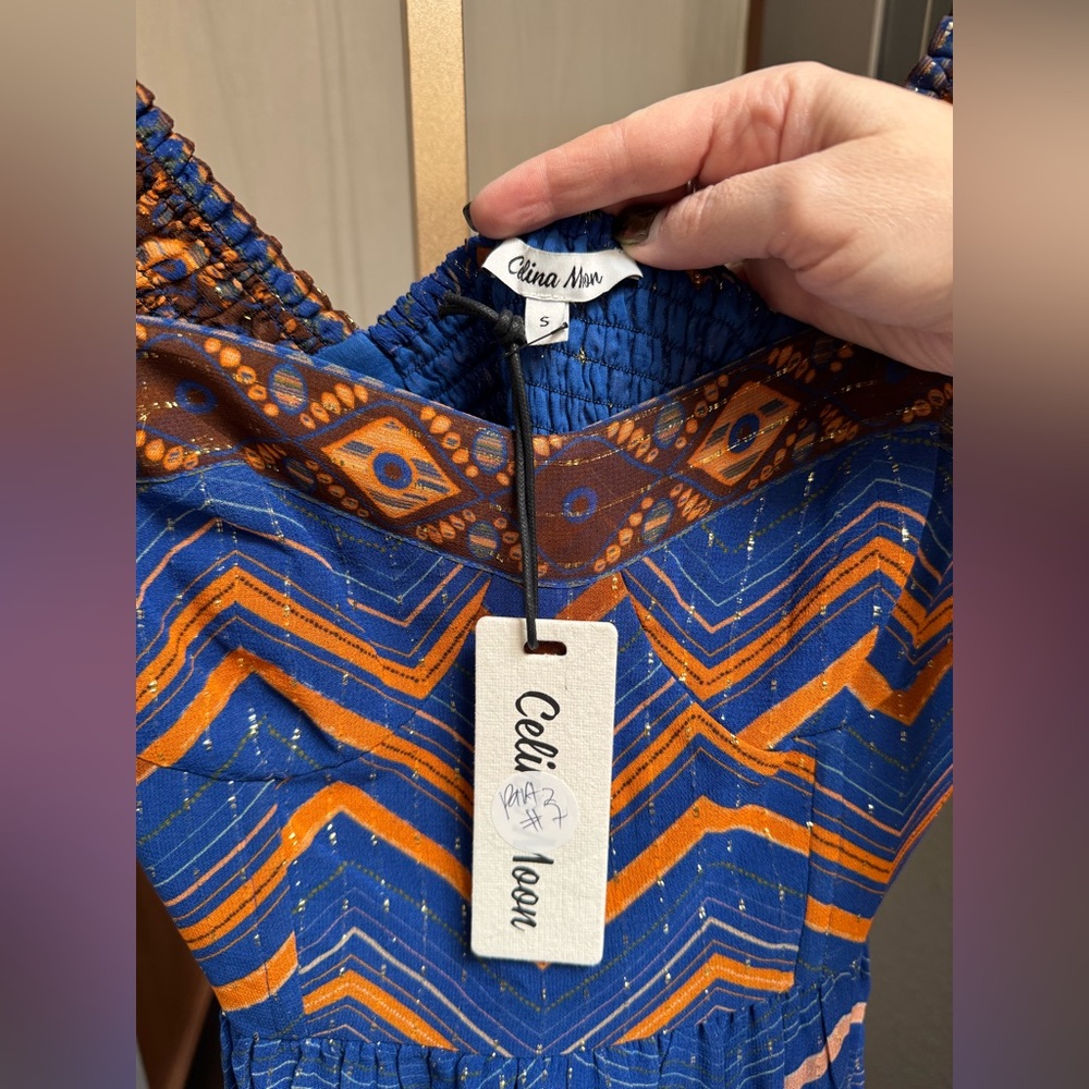 CELINA MOON Blue and Orange Maxi Dress